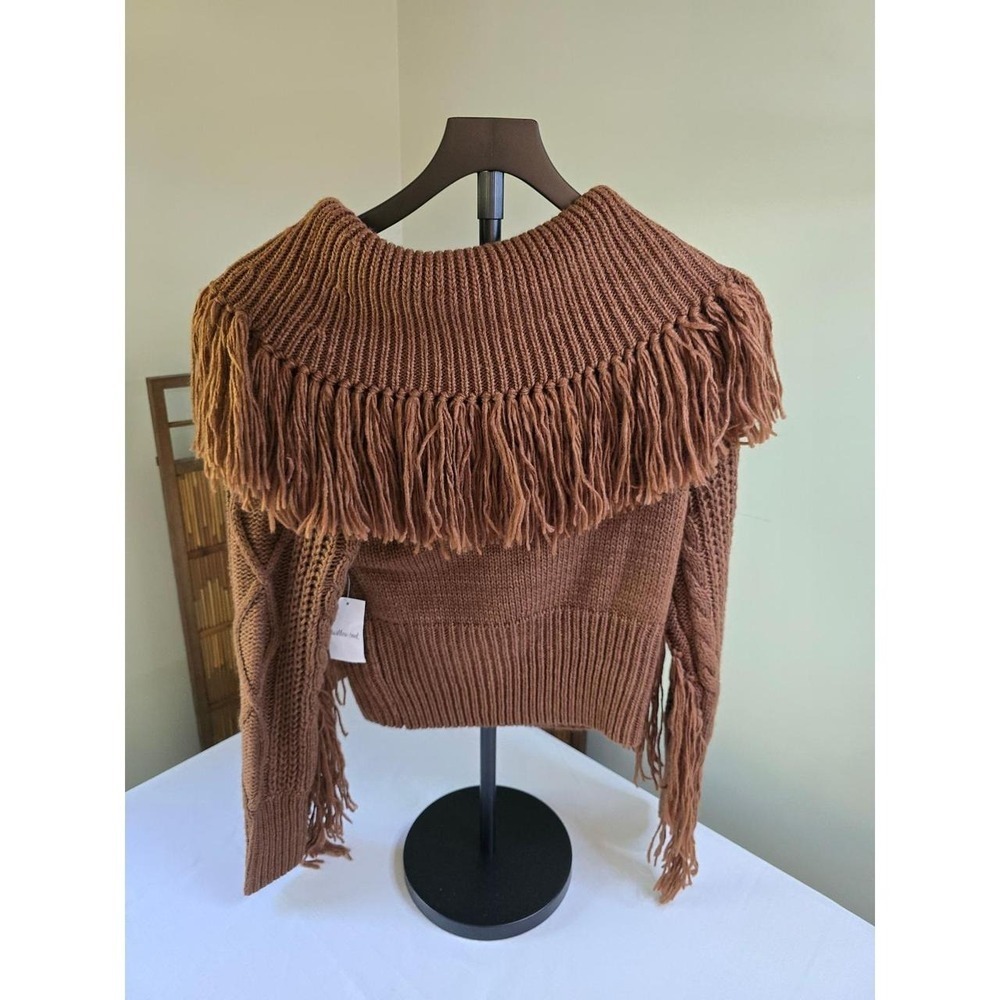 Willow + Root Brown Fringe Cable Knit Off Shoulder Sweater Boho Western Medium - Picture 2 of 9